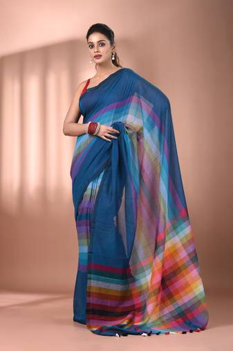 Sapphire blue and multicolor colorblocked mulmul cotton saree Without blouse