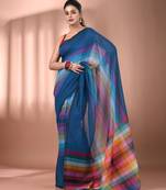 Sapphire blue and multicolor colorblocked mulmul cotton saree Without blouse