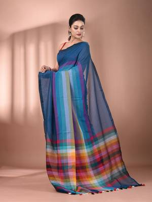 Sapphire blue and multicolor colorblocked mulmul cotton saree Without blouse 2