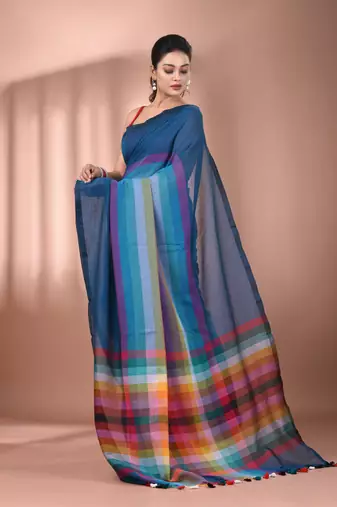 Sapphire blue and multicolor colorblocked mulmul cotton saree Without blouse