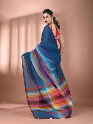 Sapphire blue and multicolor colorblocked mulmul cotton saree Without blouse 3