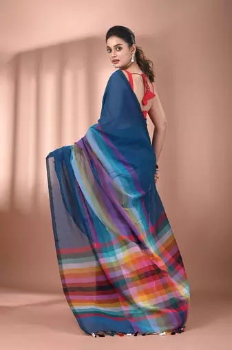 Sapphire blue and multicolor colorblocked mulmul cotton saree Without blouse