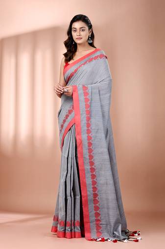 Grey cotton soft saree with woven heart borders