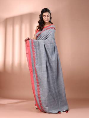 Grey cotton soft saree with woven heart borders 2