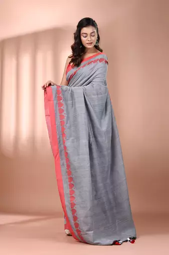 Grey cotton soft saree with woven heart borders