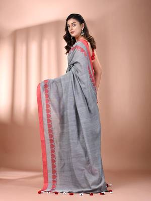 Grey cotton soft saree with woven heart borders 3