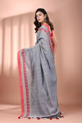 Grey cotton soft saree with woven heart borders