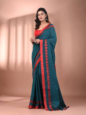 Teal cotton soft saree with woven heart borders 1