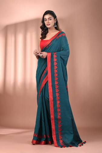 Teal cotton soft saree with woven heart borders