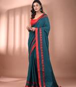 Teal cotton soft saree with woven heart borders