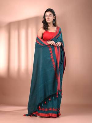 Teal cotton soft saree with woven heart borders 2