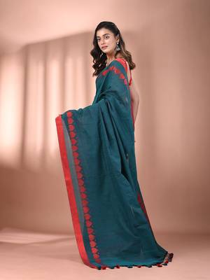 Teal cotton soft saree with woven heart borders 3
