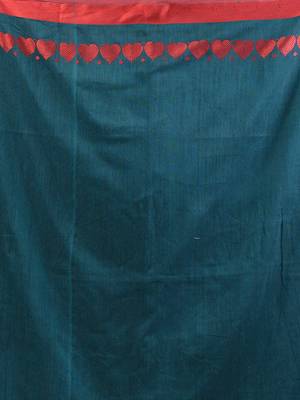 Teal cotton soft saree with woven heart borders 4