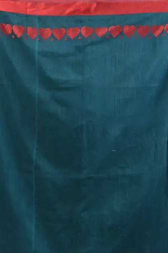 Teal cotton soft saree with woven heart borders
