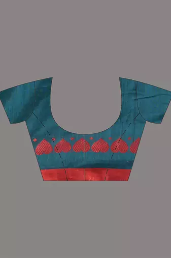 Teal cotton soft saree with woven heart borders