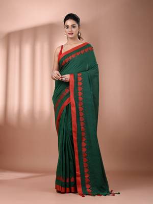 Green cotton soft saree with woven heart borders 1