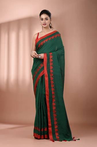 Green cotton soft saree with woven heart borders