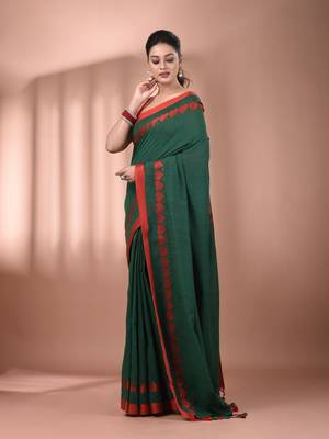 Green cotton soft saree with woven heart borders 2