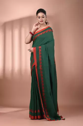 Green cotton soft saree with woven heart borders
