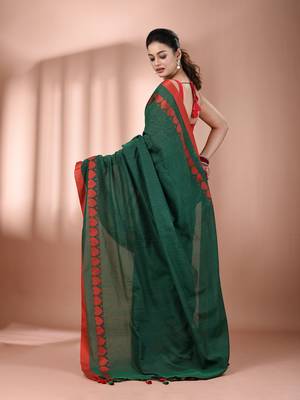 Green cotton soft saree with woven heart borders 3