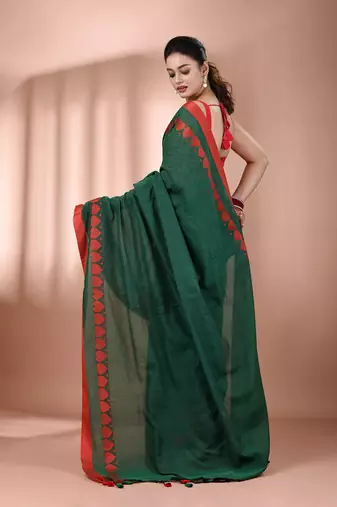 Green cotton soft saree with woven heart borders