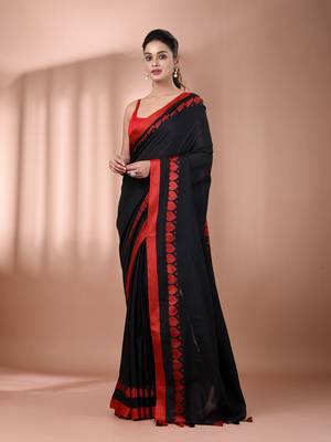 Black cotton soft saree with woven heart borders 1