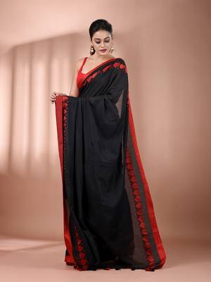 Black cotton soft saree with woven heart borders 2