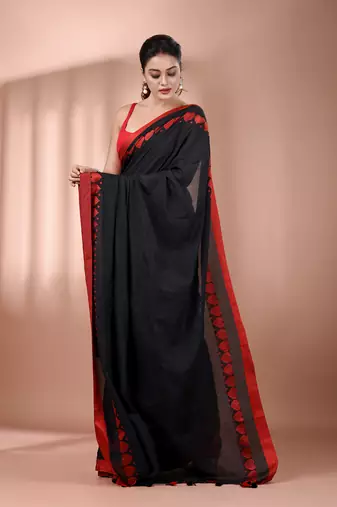 Black cotton soft saree with woven heart borders