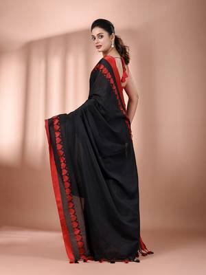 Black cotton soft saree with woven heart borders 3
