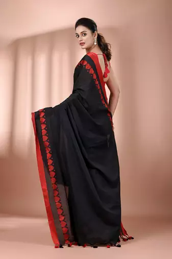 Black cotton soft saree with woven heart borders