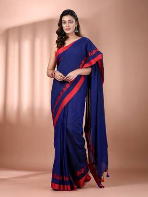 Royal blue cotton soft saree with woven heart borders 1