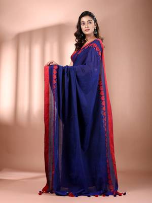 Royal blue cotton soft saree with woven heart borders 2