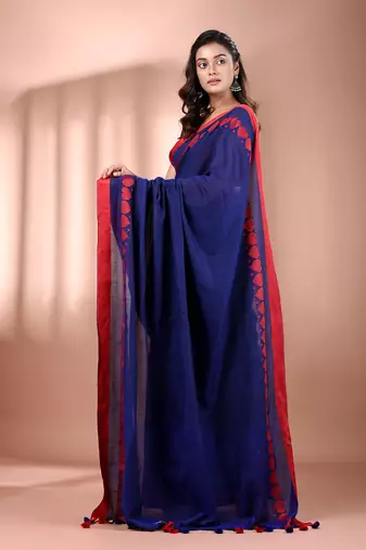 Royal blue cotton soft saree with woven heart borders