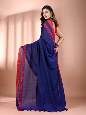 Royal blue cotton soft saree with woven heart borders 3