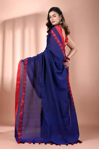 Royal blue cotton soft saree with woven heart borders