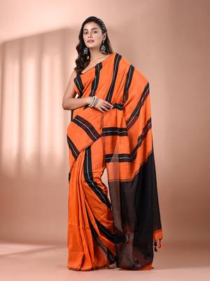 Orange cotton soft saree with stripe pattern 1