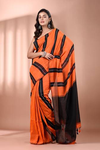 Orange cotton soft saree with stripe pattern