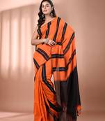 Orange cotton soft saree with stripe pattern