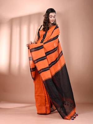 Orange cotton soft saree with stripe pattern 2