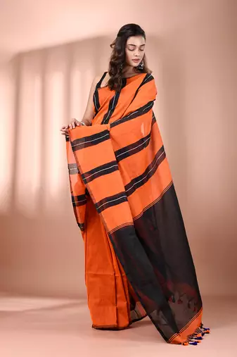 Orange cotton soft saree with stripe pattern