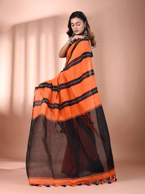 Orange cotton soft saree with stripe pattern 3