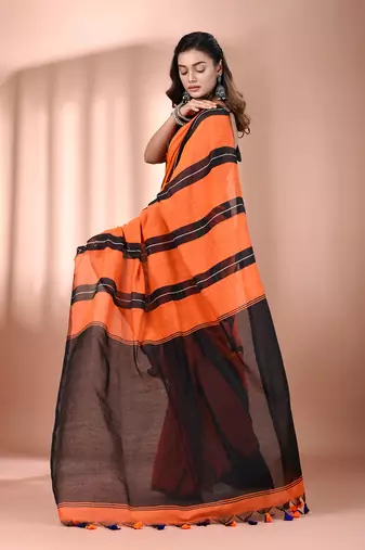 Orange cotton soft saree with stripe pattern