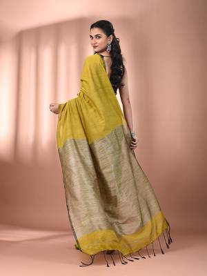 Corn yellow cotton soft saree with contrast beige pallu 3