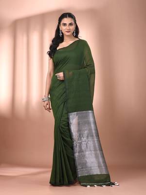 Forest green cotton soft saree with contrast silver pallu 1