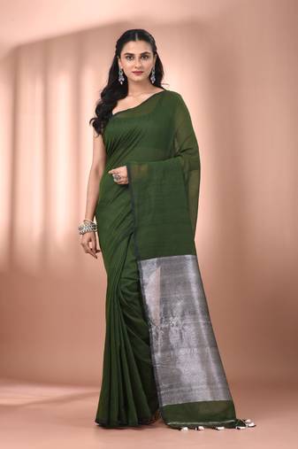 Forest green cotton soft saree with contrast silver pallu