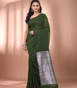 Forest green cotton soft saree with contrast silver pallu
