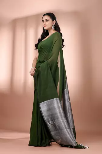 Forest green cotton soft saree with contrast silver pallu