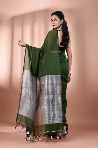 Forest green cotton soft saree with contrast silver pallu