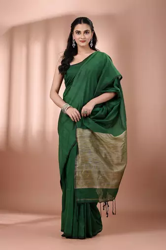 Green cotton soft saree with contrast beige pallu