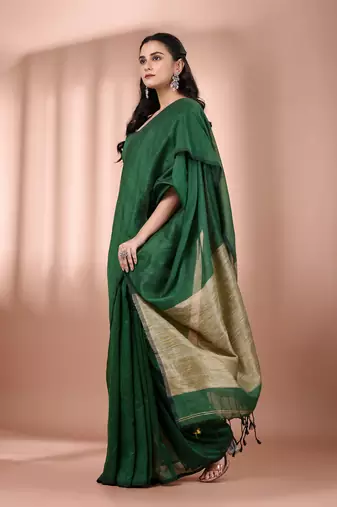 Green cotton soft saree with contrast beige pallu